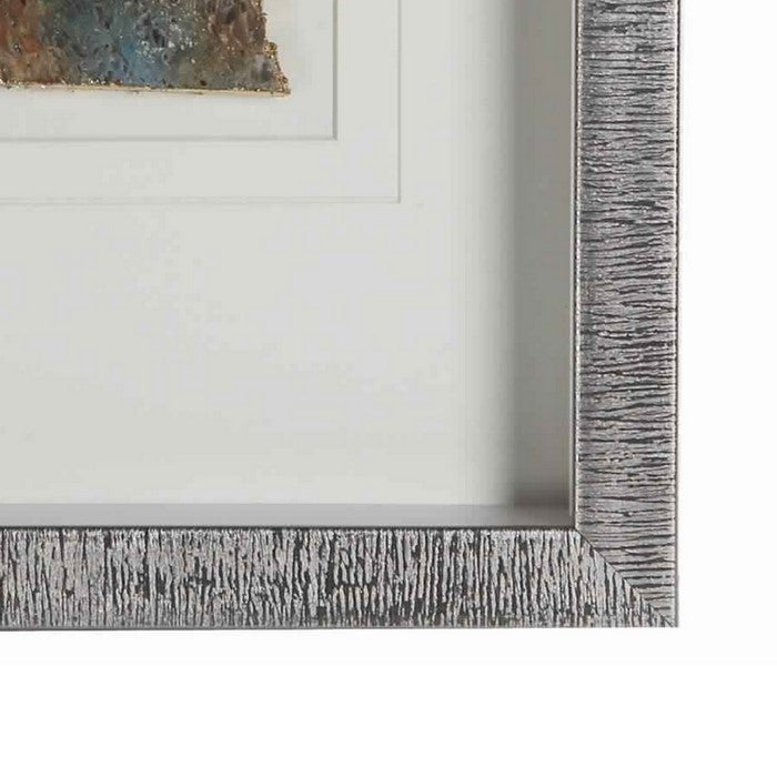 Rectangular Wooden Shadow Box with Encased Faux Stone, Blue and Silver