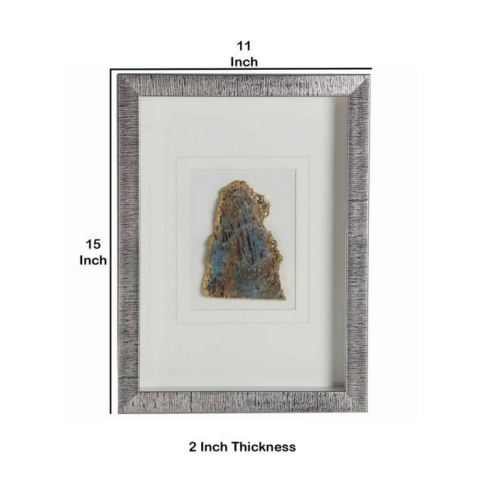 Rectangular Wooden Shadow Box with Encased Faux Stone, Blue and Silver