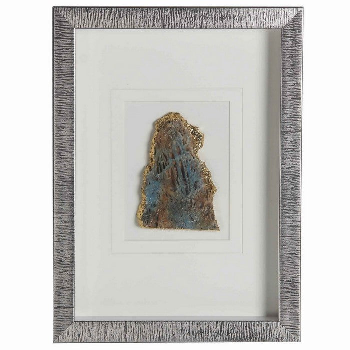 Rectangular Wooden Shadow Box with Encased Faux Stone, Blue and Silver