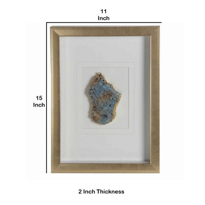 Rectangular Wooden Shadow Box with Encased Faux Stone, Blue and Gold