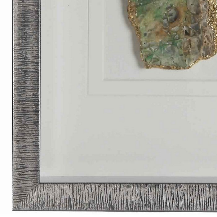 Rectangular Wooden Shadow Box with Encased Faux Stone, Green and Silver