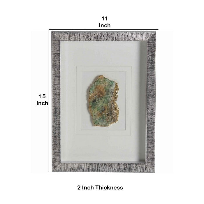 Rectangular Wooden Shadow Box with Encased Faux Stone, Green and Silver
