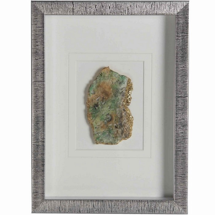 Rectangular Wooden Shadow Box with Encased Faux Stone, Green and Silver