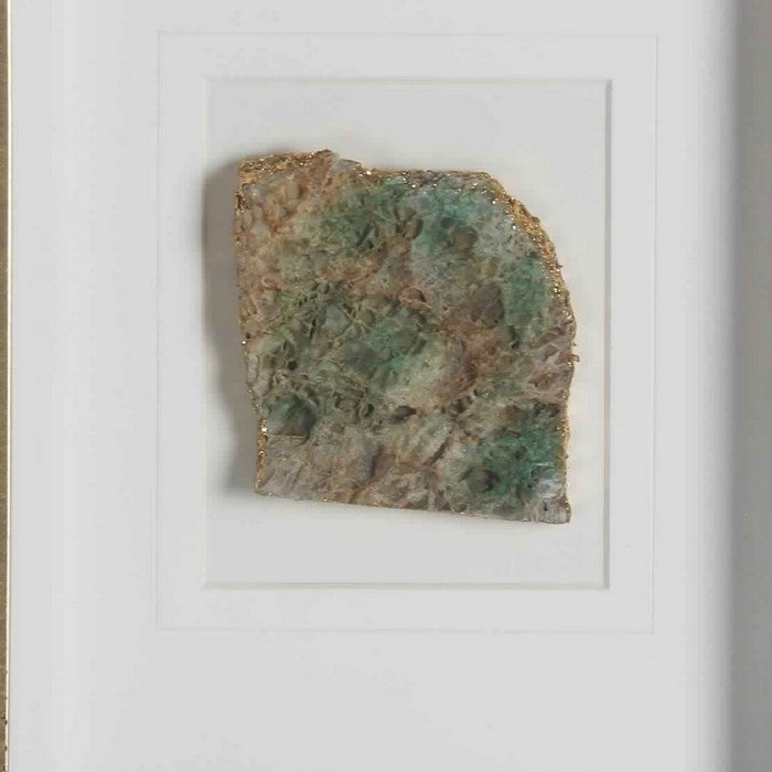 Rectangular Wooden Shadow Box with Encased Faux Stone, Green and Gold