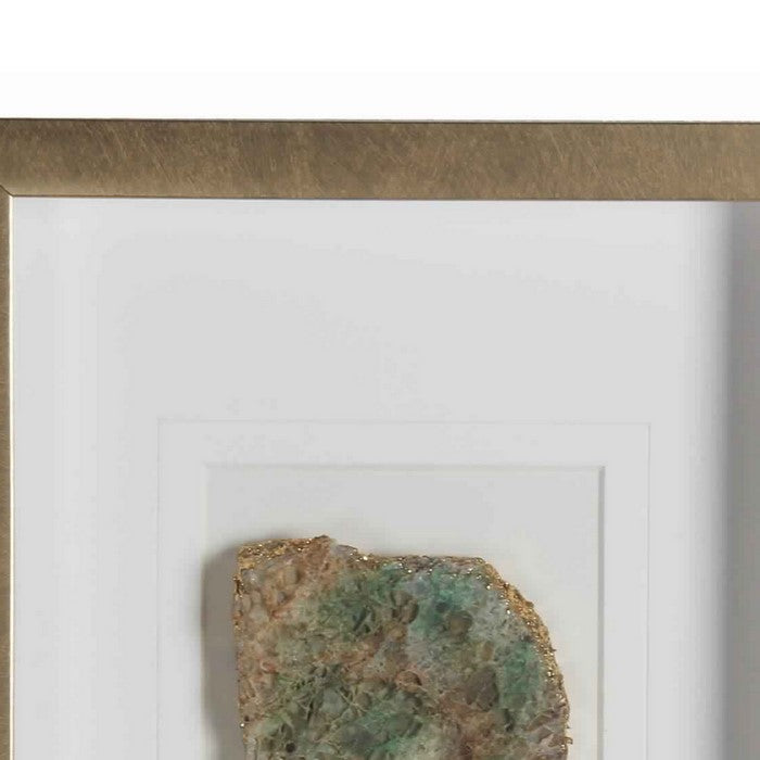 Rectangular Wooden Shadow Box with Encased Faux Stone, Green and Gold