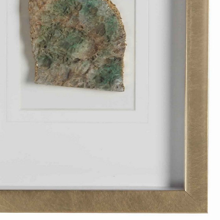 Rectangular Wooden Shadow Box with Encased Faux Stone, Green and Gold