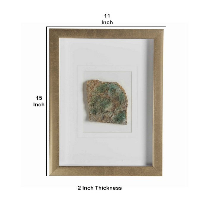Rectangular Wooden Shadow Box with Encased Faux Stone, Green and Gold