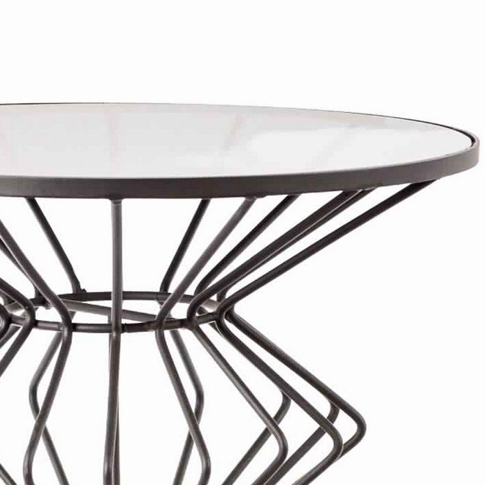 Metal Wire Accent Table with Stacked Bellied Body and Glass Top, Black