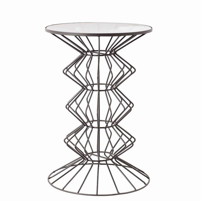 Metal Wire Accent Table with Stacked Bellied Body and Glass Top, Black