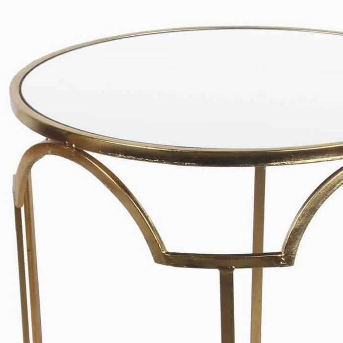 Round Mirror Top Metal Accent Table with Geometric Frame, Set of 2, Gold