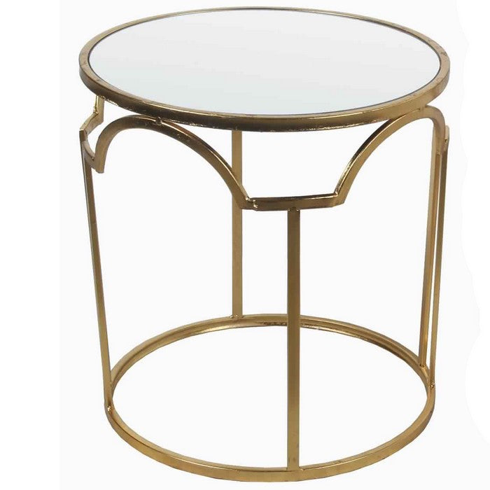 Round Mirror Top Metal Accent Table with Geometric Frame, Set of 2, Gold