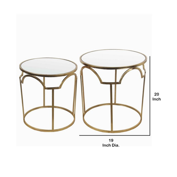 Round Mirror Top Metal Accent Table with Geometric Frame, Set of 2, Gold