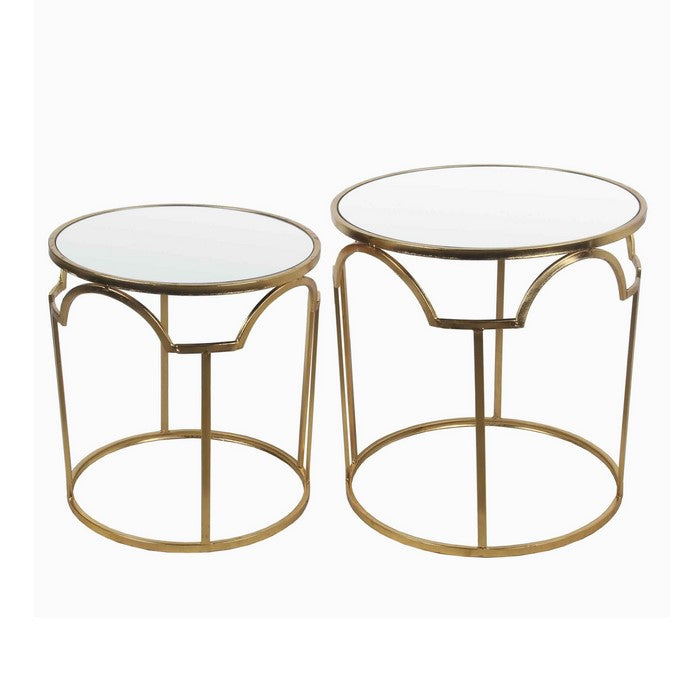 Round Mirror Top Metal Accent Table with Geometric Frame, Set of 2, Gold