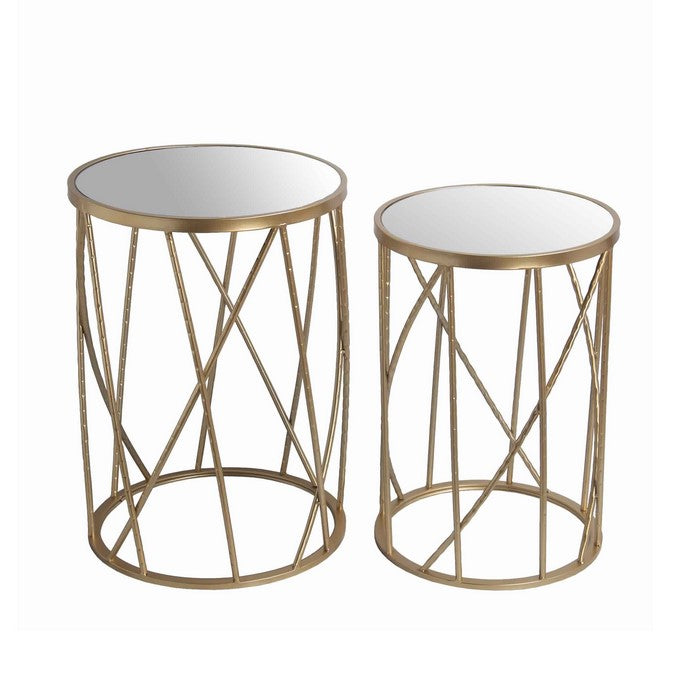 Round Mirror Top Tall Metal Accent Table with Open Frame, Set of 2, Gold
