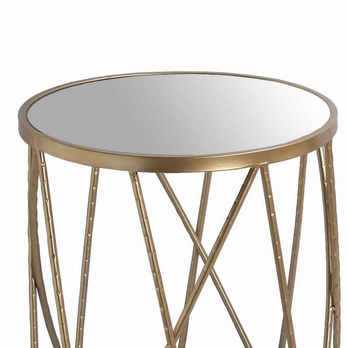 Round Mirror Top Tall Metal Accent Table with Open Frame, Set of 2, Gold