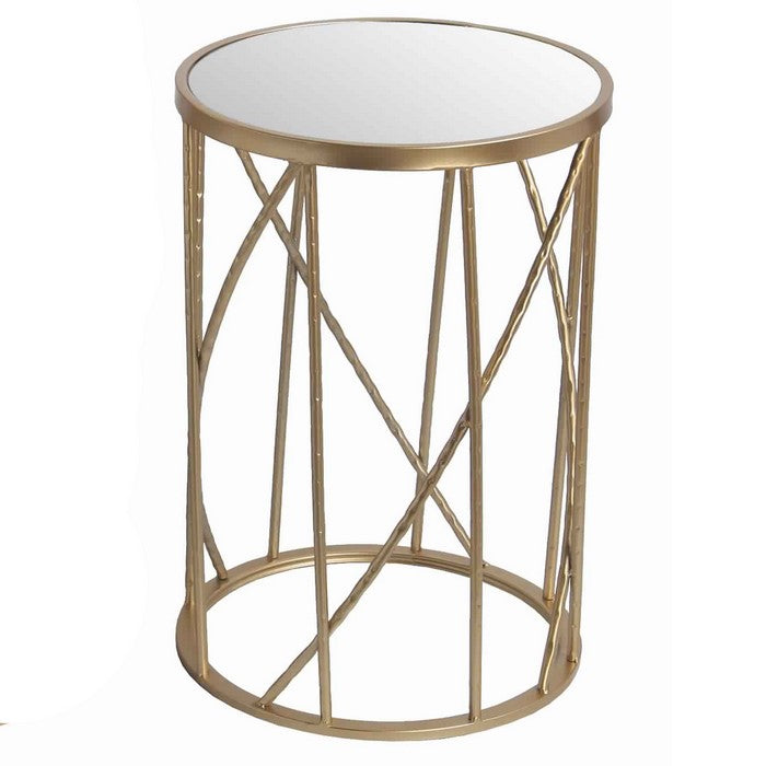 Round Mirror Top Tall Metal Accent Table with Open Frame, Set of 2, Gold
