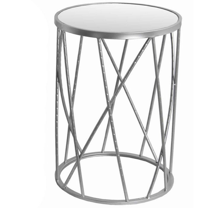 Tall Round Mirror Top Metal Accent Table with Open Frame, Set of 2, Silver