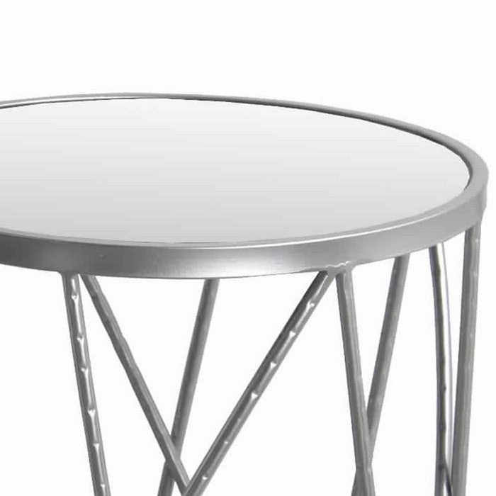 Tall Round Mirror Top Metal Accent Table with Open Frame, Set of 2, Silver