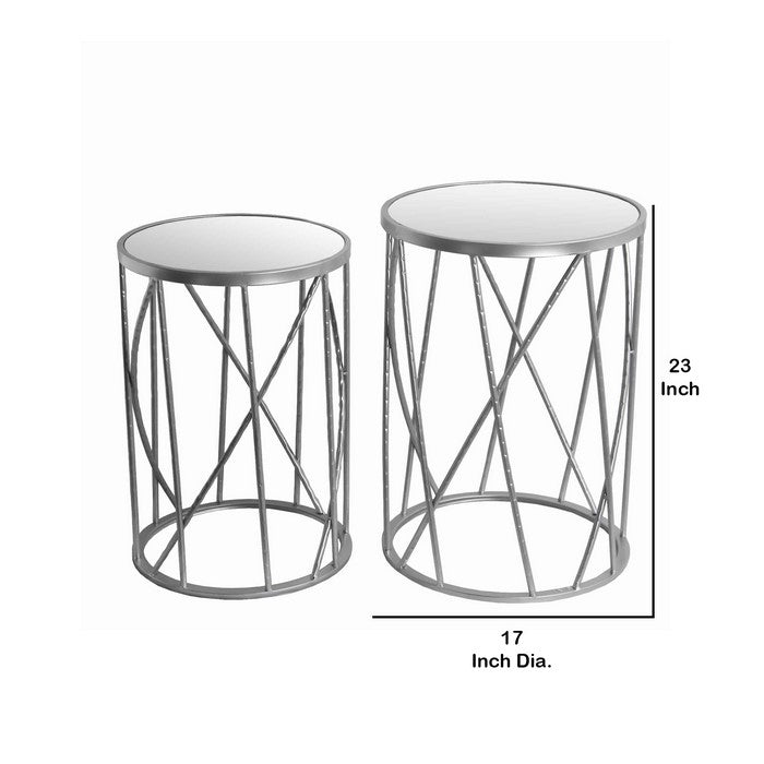 Tall Round Mirror Top Metal Accent Table with Open Frame, Set of 2, Silver