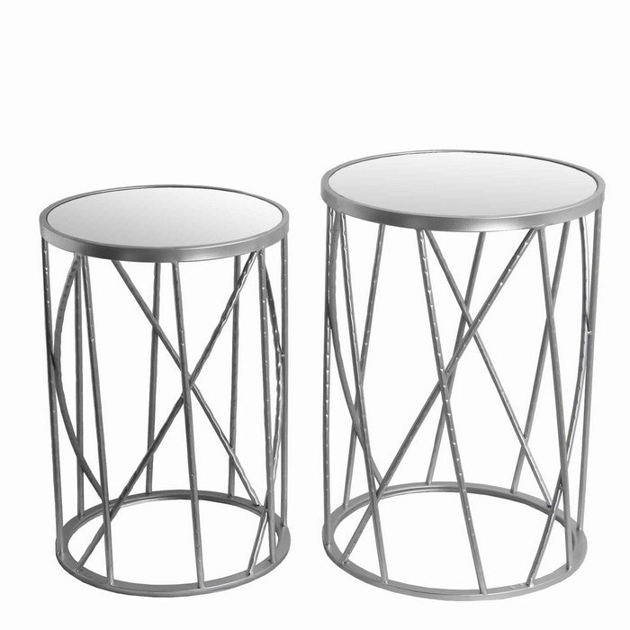 Tall Round Mirror Top Metal Accent Table with Open Frame, Set of 2, Silver