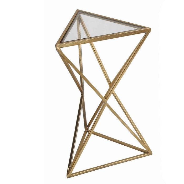 Triangular Glass Top Accent Table with Geometric Base, Gold