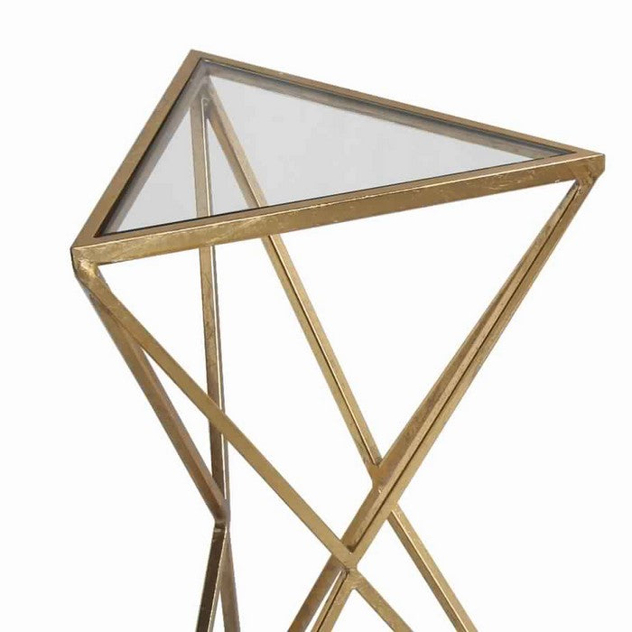Triangular Glass Top Accent Table with Geometric Base, Gold