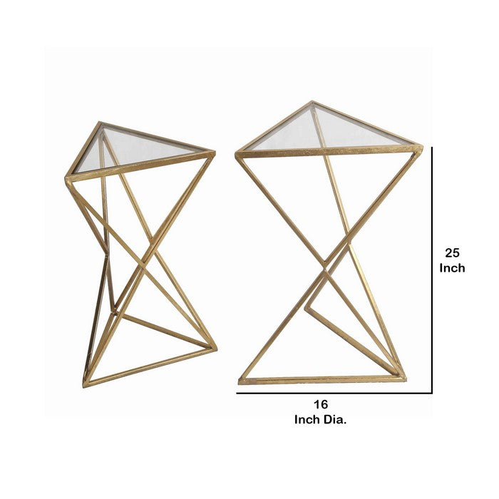 Triangular Glass Top Accent Table with Geometric Base, Gold