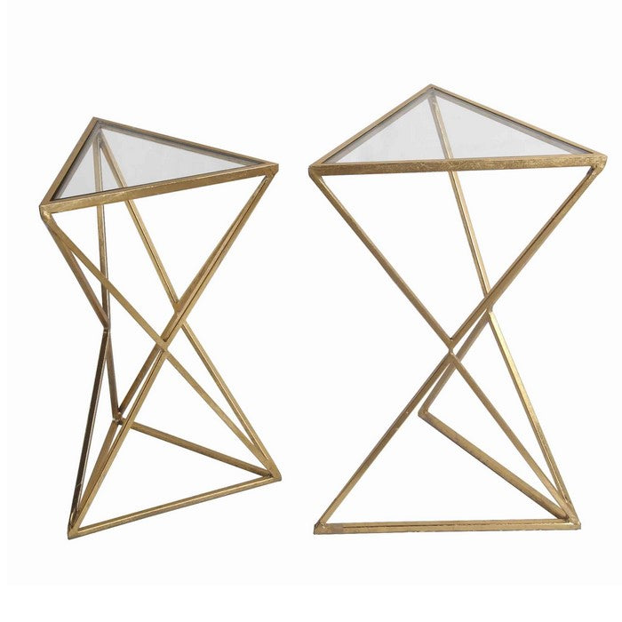 Triangular Glass Top Accent Table with Geometric Base, Gold