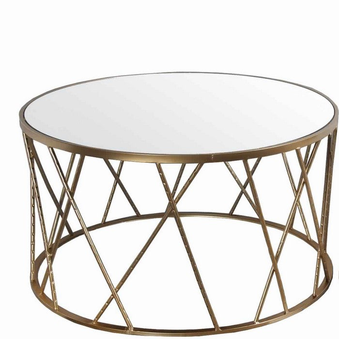 Round Mirror Top Metal Accent Table with Geometric Body, Set of 2, Gold