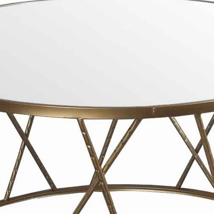 Round Mirror Top Metal Accent Table with Geometric Body, Set of 2, Gold