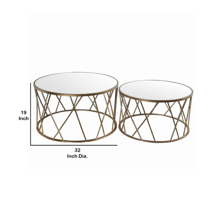 Round Mirror Top Metal Accent Table with Geometric Body, Set of 2, Gold