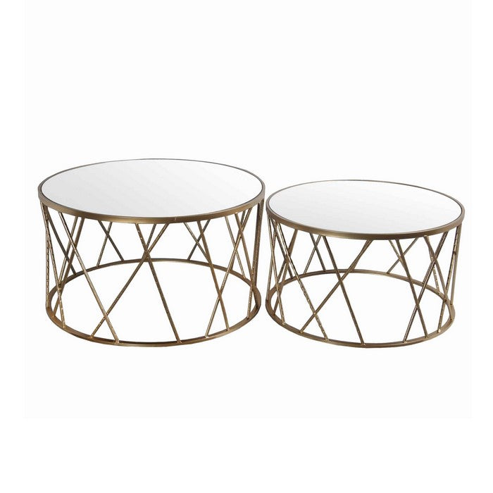 Round Mirror Top Metal Accent Table with Geometric Body, Set of 2, Gold