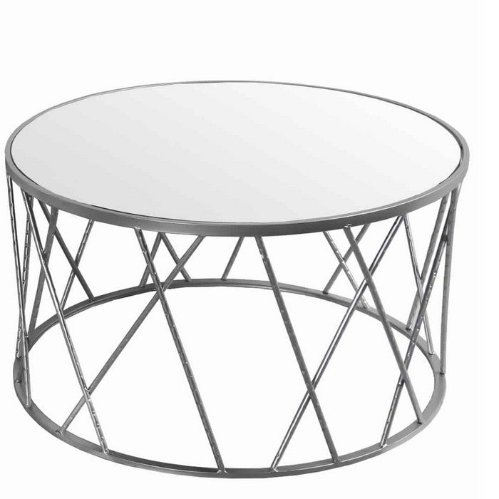 Round Mirror Top Metal Accent Table with Geometric Body, Set of 2, Silver