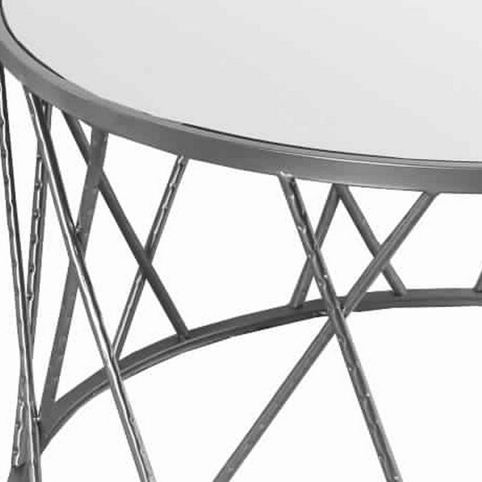 Round Mirror Top Metal Accent Table with Geometric Body, Set of 2, Silver