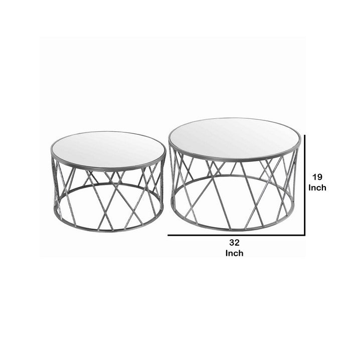 Round Mirror Top Metal Accent Table with Geometric Body, Set of 2, Silver