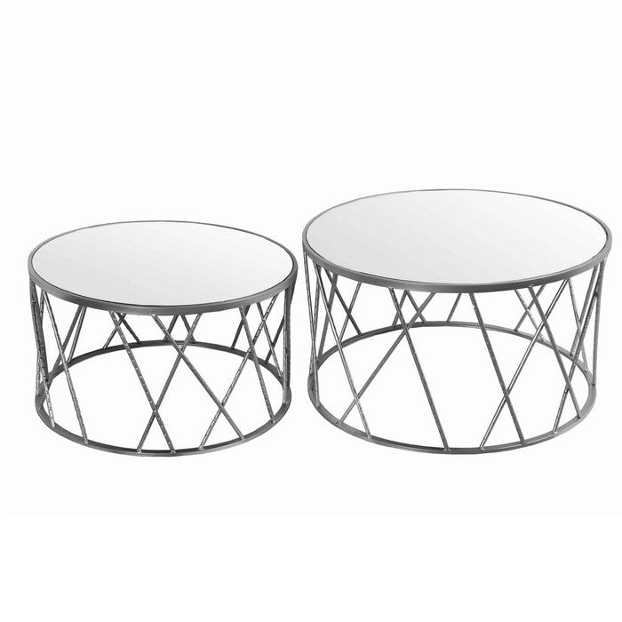 Round Mirror Top Metal Accent Table with Geometric Body, Set of 2, Silver