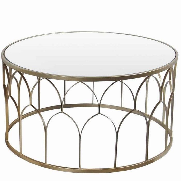 Round Mirror Top Metal Accent Table with Arched Body, Set of 2, Gold