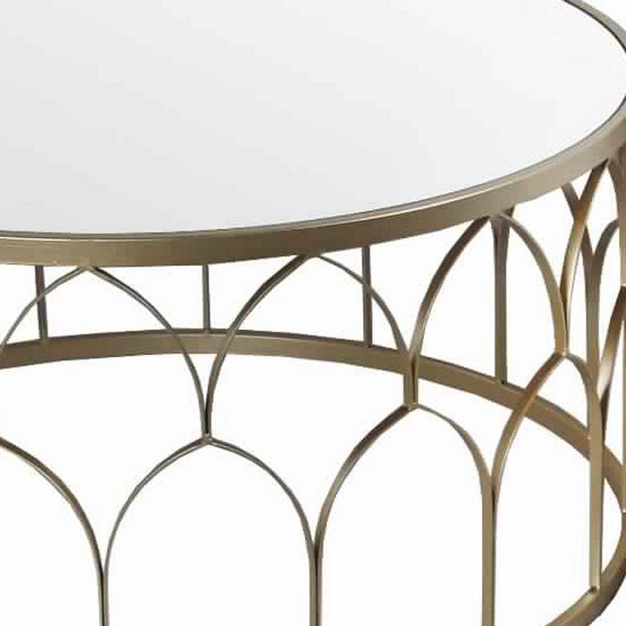 Round Mirror Top Metal Accent Table with Arched Body, Set of 2, Gold