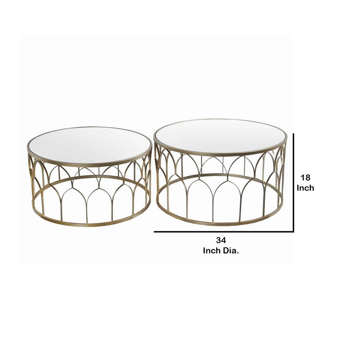 Round Mirror Top Metal Accent Table with Arched Body, Set of 2, Gold