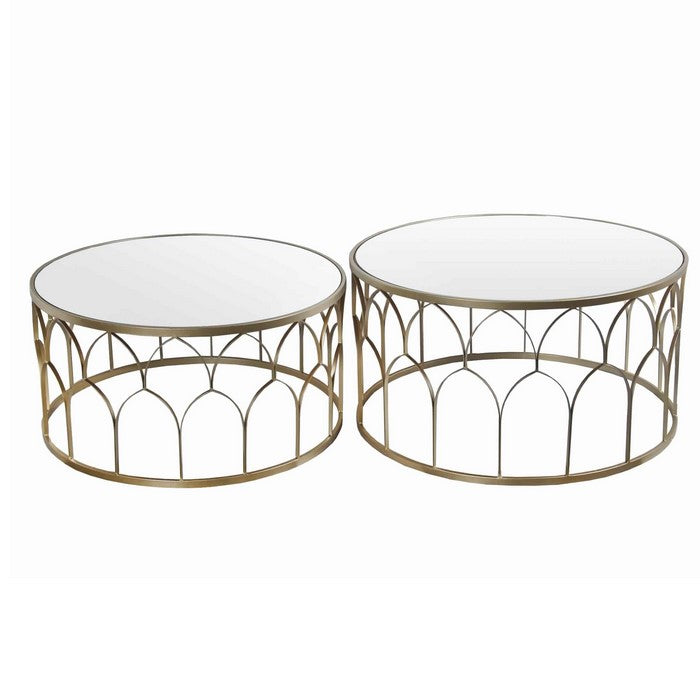 Round Mirror Top Metal Accent Table with Arched Body, Set of 2, Gold