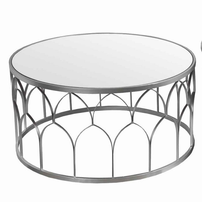Round Mirror Top Metal Accent Table with Arched Body, Set of 2, Silver