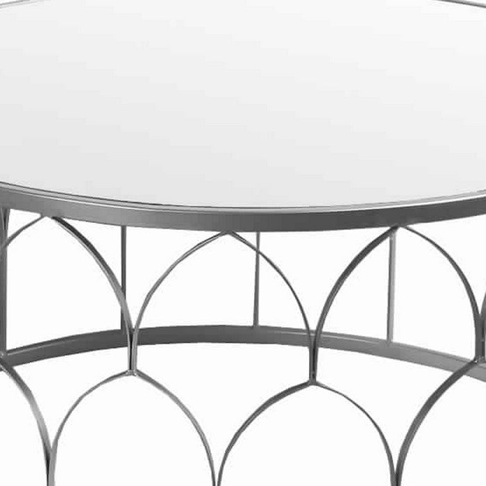 Round Mirror Top Metal Accent Table with Arched Body, Set of 2, Silver
