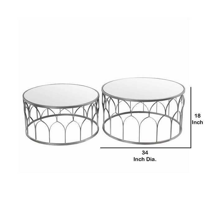 Round Mirror Top Metal Accent Table with Arched Body, Set of 2, Silver