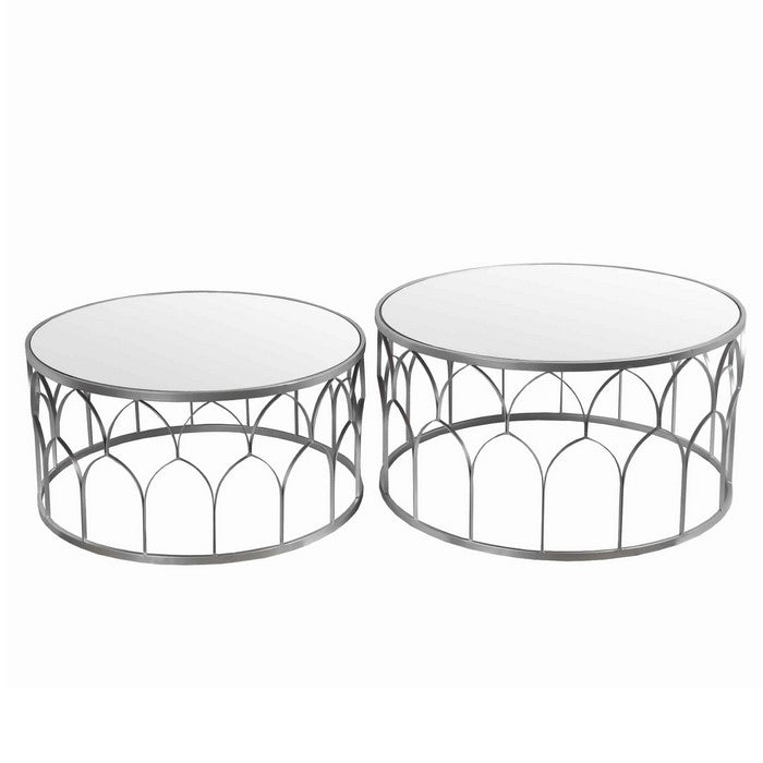 Round Mirror Top Metal Accent Table with Arched Body, Set of 2, Silver