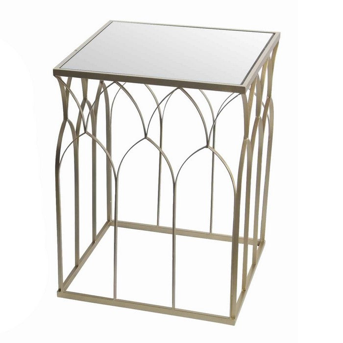 Square Mirror Top Metal Accent Table with Arched Body, Set of 2, Gold