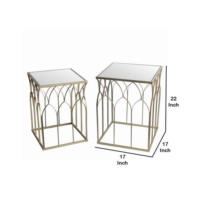 Square Mirror Top Metal Accent Table with Arched Body, Set of 2, Gold