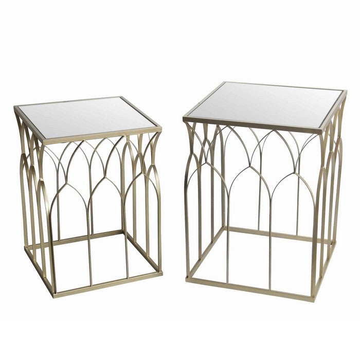 Square Mirror Top Metal Accent Table with Arched Body, Set of 2, Gold