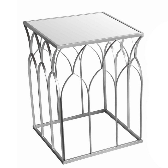 Square Mirror Top Metal Accent Table with Arched Body, Set of 2, Silver
