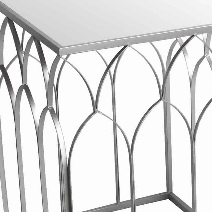 Square Mirror Top Metal Accent Table with Arched Body, Set of 2, Silver
