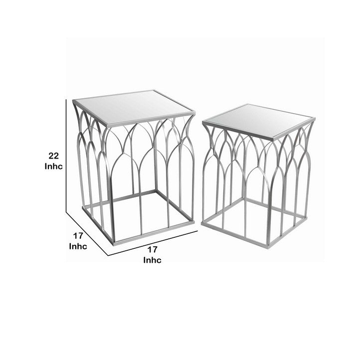 Square Mirror Top Metal Accent Table with Arched Body, Set of 2, Silver